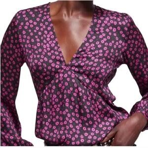 The Kooples Daisy Dots Long Sleeve Top size 1 ,Small Black/Pink NWT